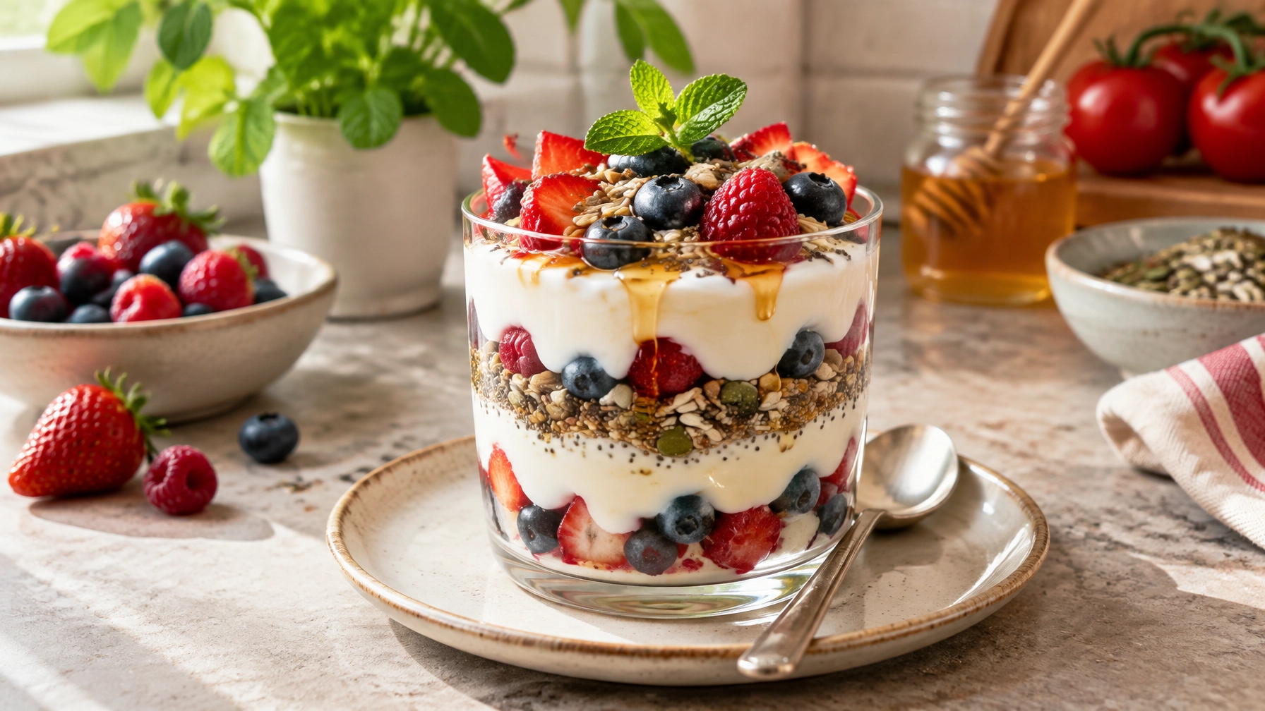 10 Minute Greek Yogurt Parfait with Berries & Seeds