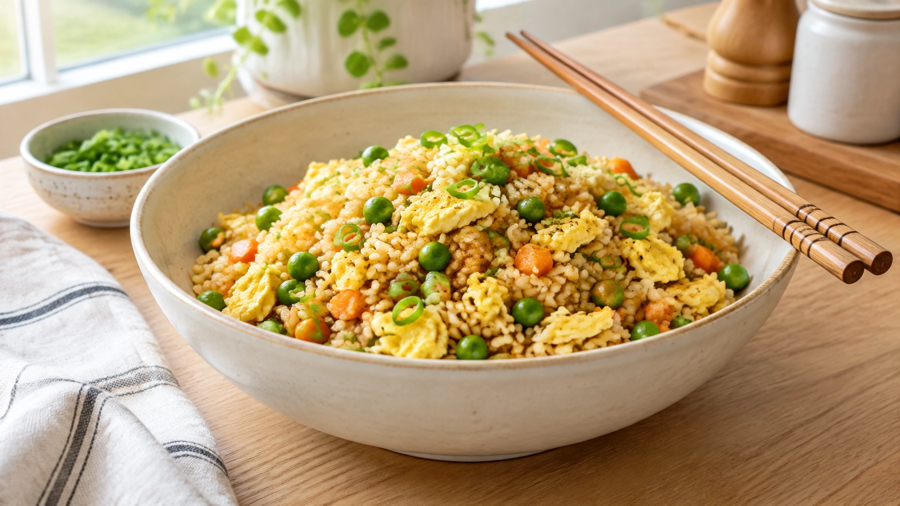 15-Minute Egg Fried Rice with Peas and Carrots