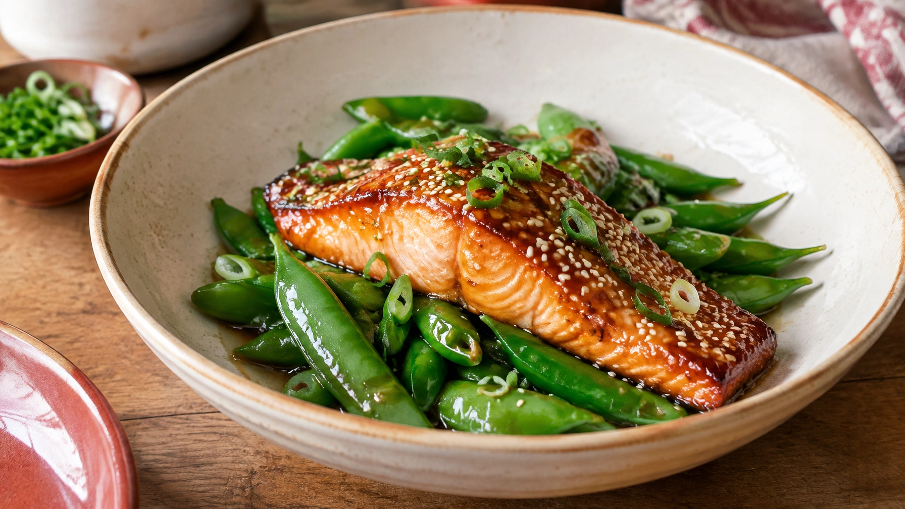 15-Minute Honey Ginger Glazed Salmon and Snap Peas