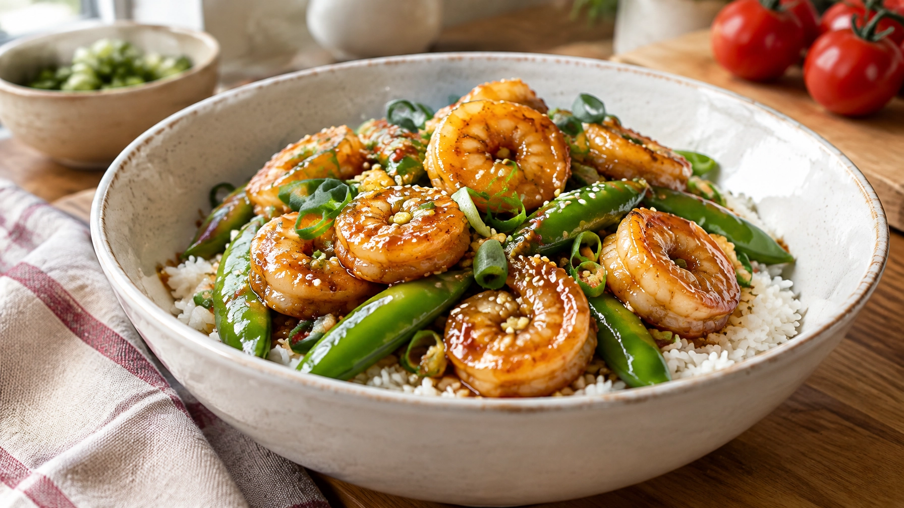 15-Minute Meals: Honey Garlic Shrimp with Snap Peas Over Rice