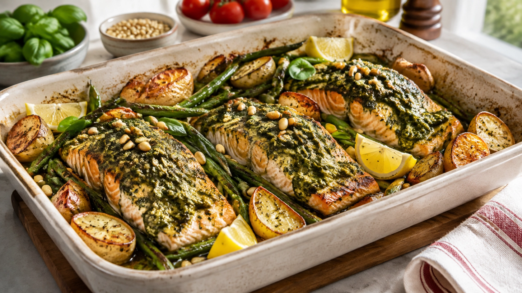Easy Dinner Recipes: Baked Pesto Salmon with Roasted Potatoes and Green Beans