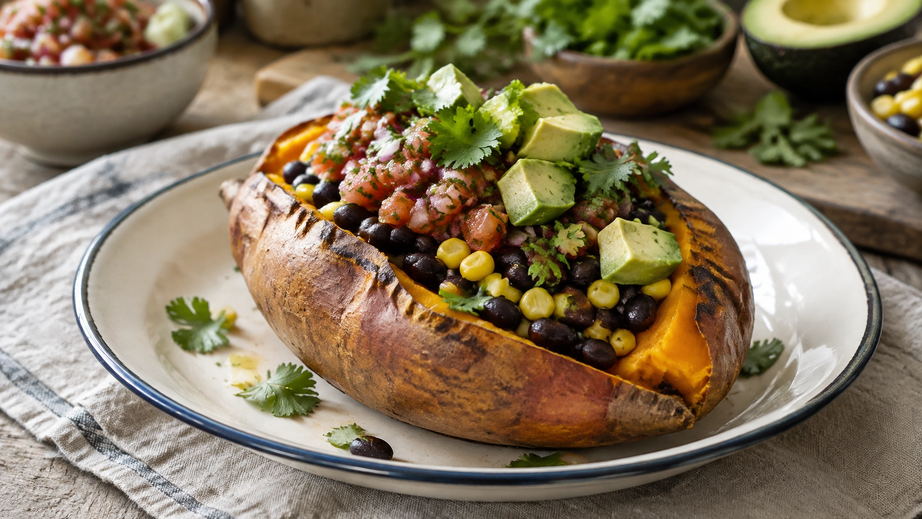 Easy Healthy Baked Sweet Potato with Black Beans and Corn
