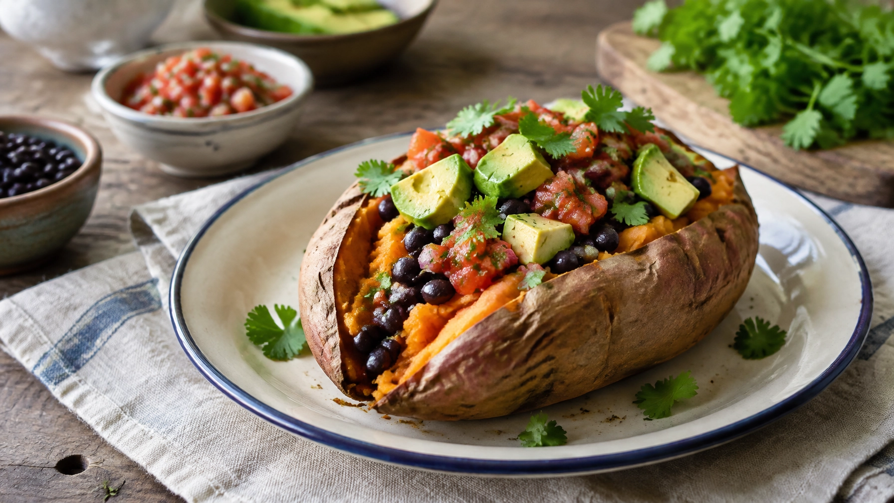 Easy Healthy Baked Sweet Potato with Black Beans