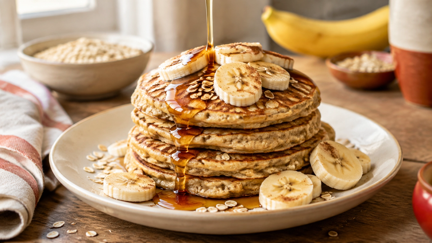 Easy Healthy Breakfasts: Banana Oatmeal Pancakes with Maple Syrup