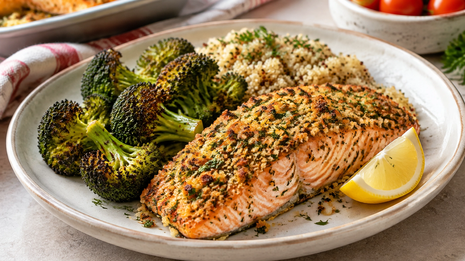 Healthy Weeknight Dinners: Baked Herb Salmon with Roasted Broccoli and Quinoa