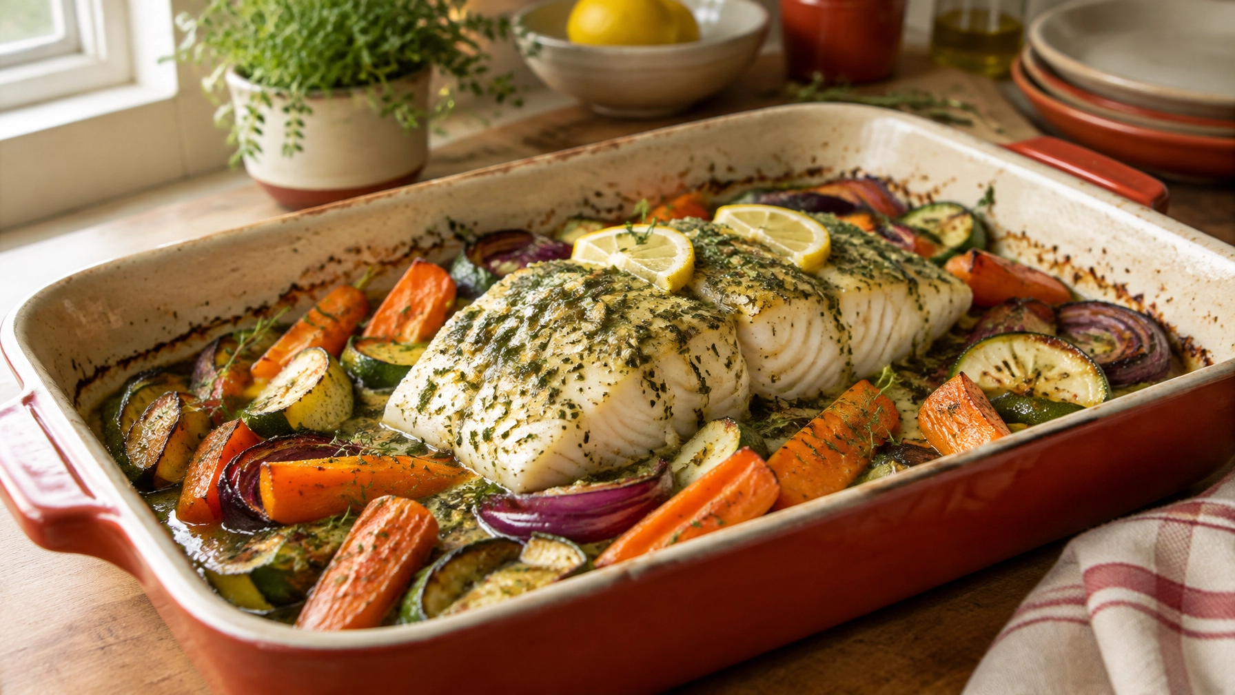 Healthy Weeknight Dinners: Baked Lemon Herb Cod with Roasted Vegetables