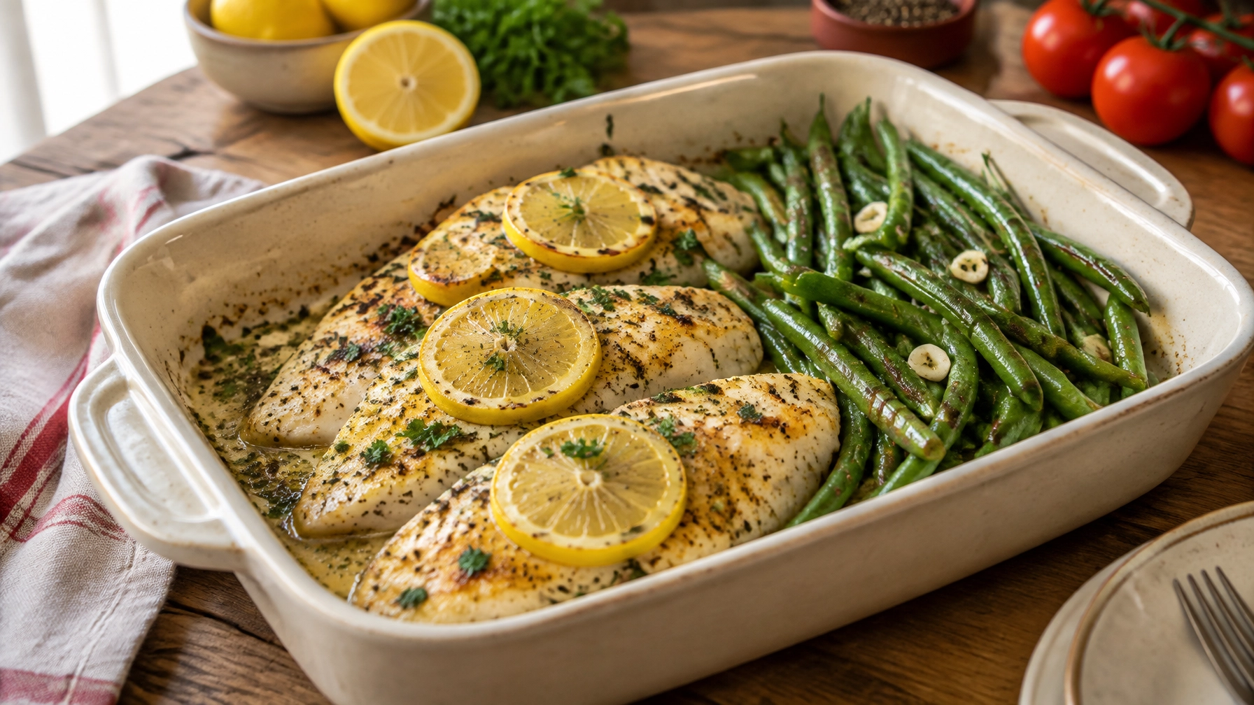 Healthy Weeknight Dinners: Baked Lemon Pepper Tilapia with Garlicky Green Beans