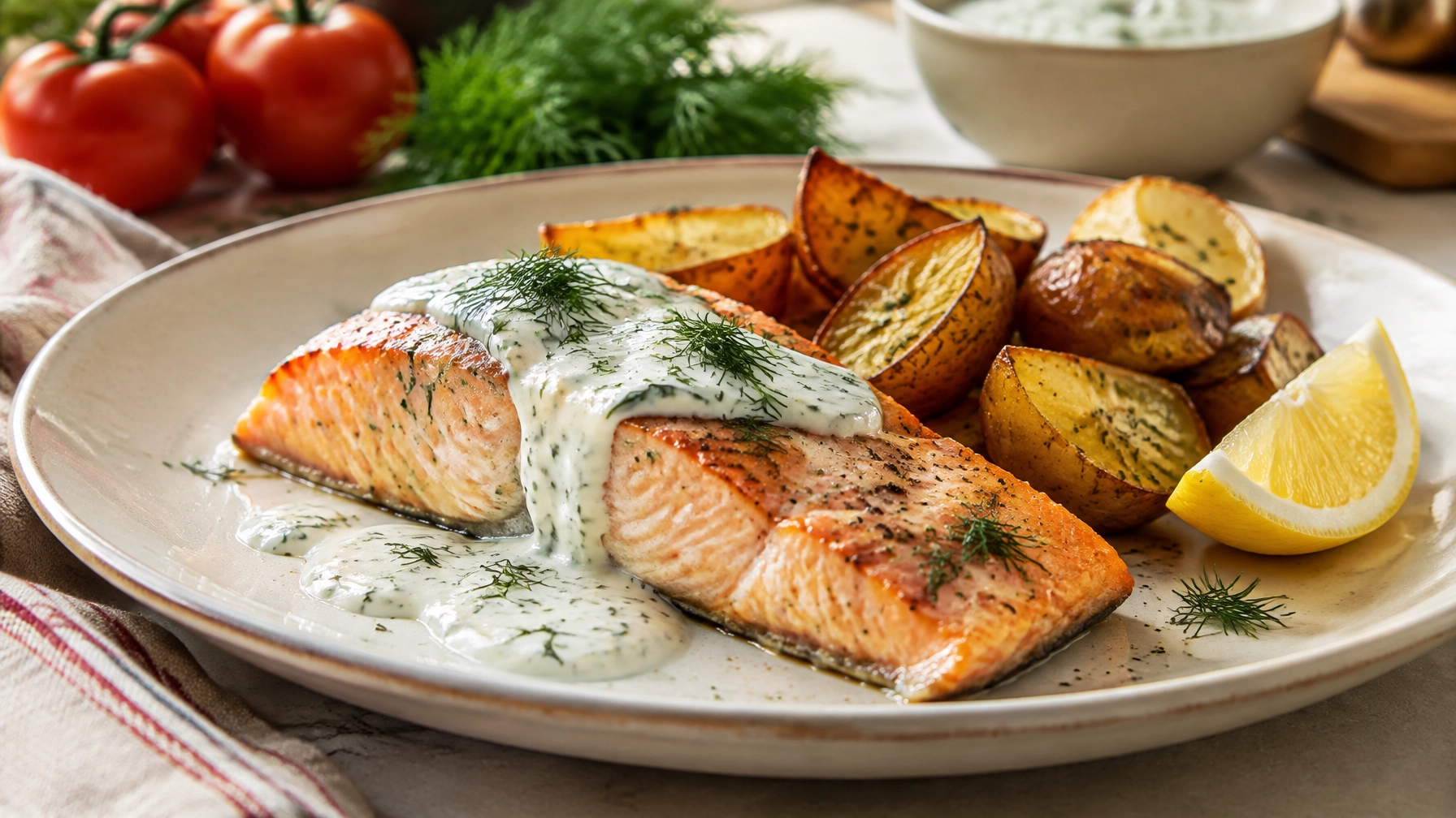 Healthy Weeknight Dinners: Baked Salmon with Dill Yogurt Sauce and Roasted Potatoes
