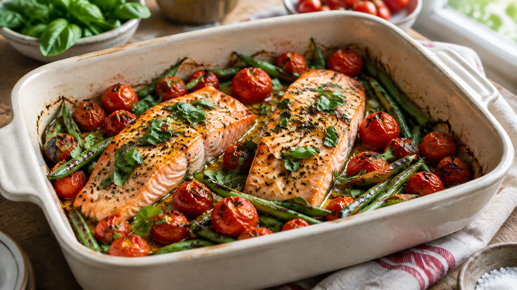 Healthy Weeknight Dinners: Cherry Tomato Basil Baked Salmon with Green Beans