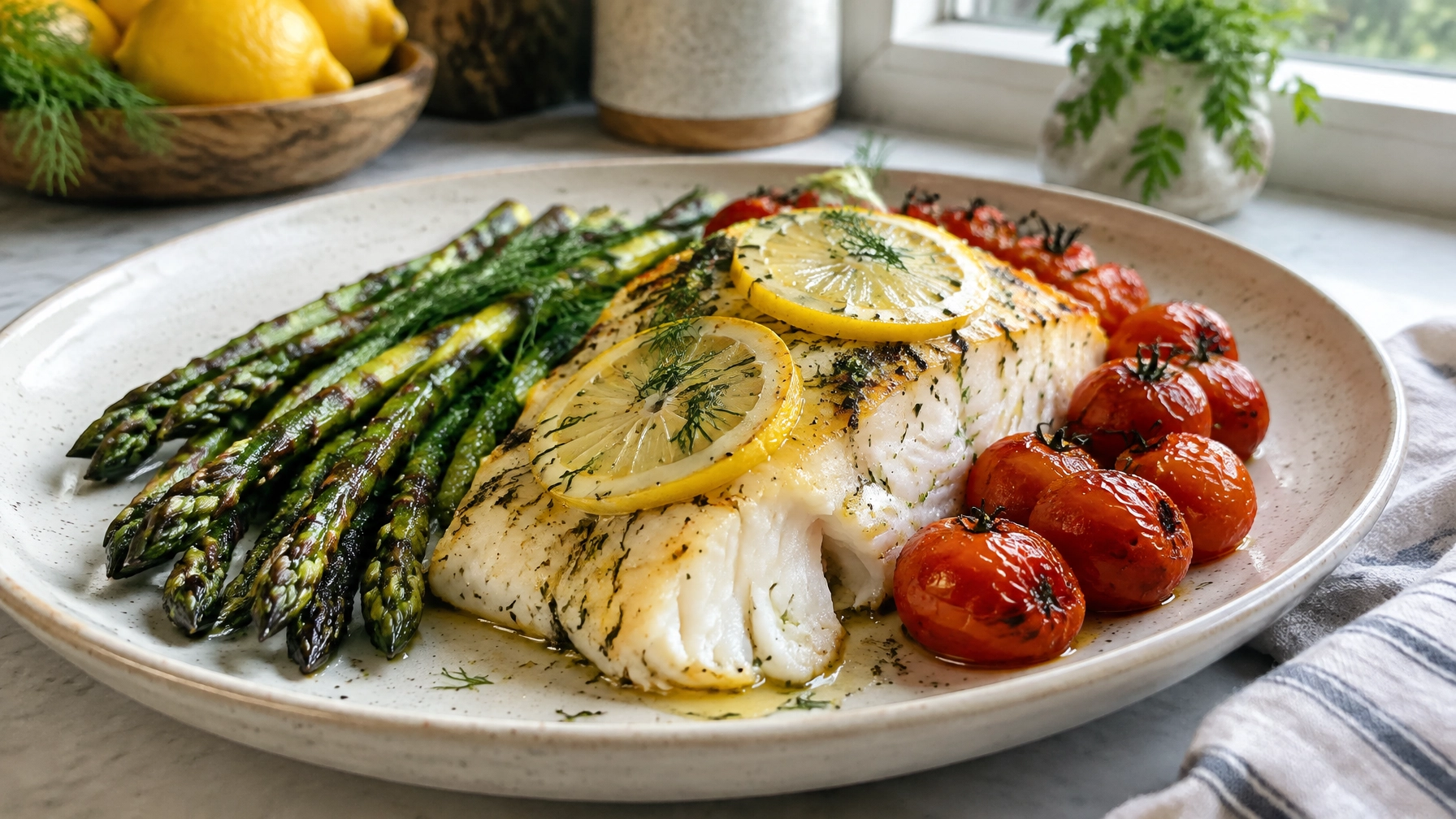 Healthy Weeknight Dinners: Lemon Herb Baked Cod with Asparagus and Cherry Tomatoes