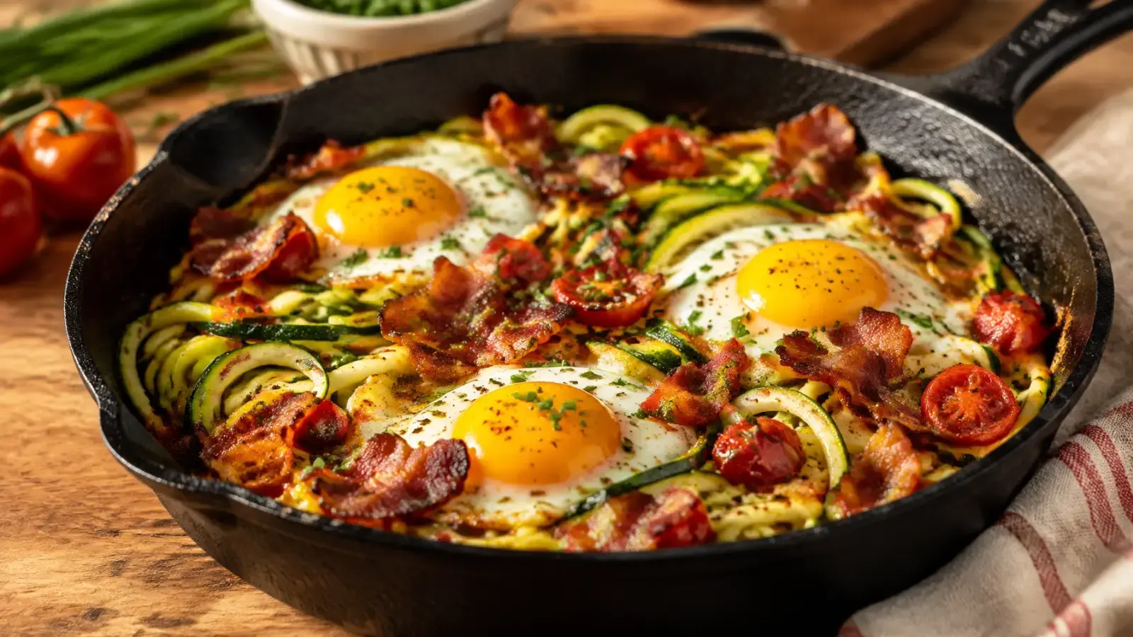 Keto Recipes for Beginners: Bacon and Egg Zucchini Noodle Breakfast Skillet