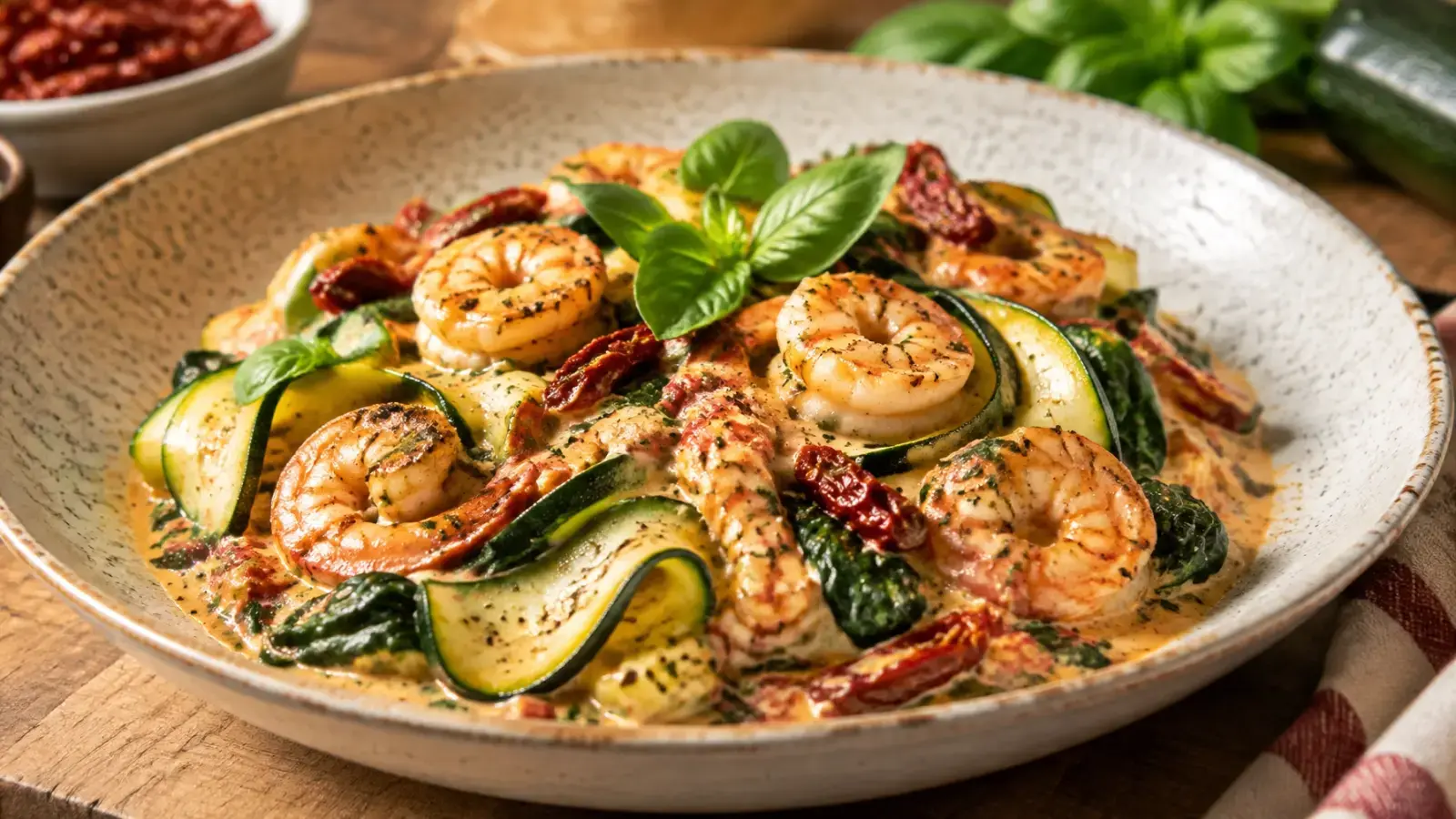 Keto Recipes for Beginners: Creamy Tuscan Shrimp with Zucchini Ribbons