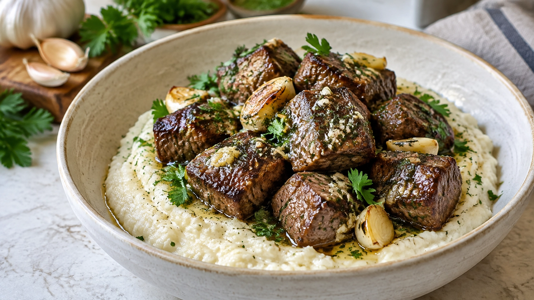 Keto Recipes for Beginners: Garlic Butter Steak Bites with Cauliflower Mash