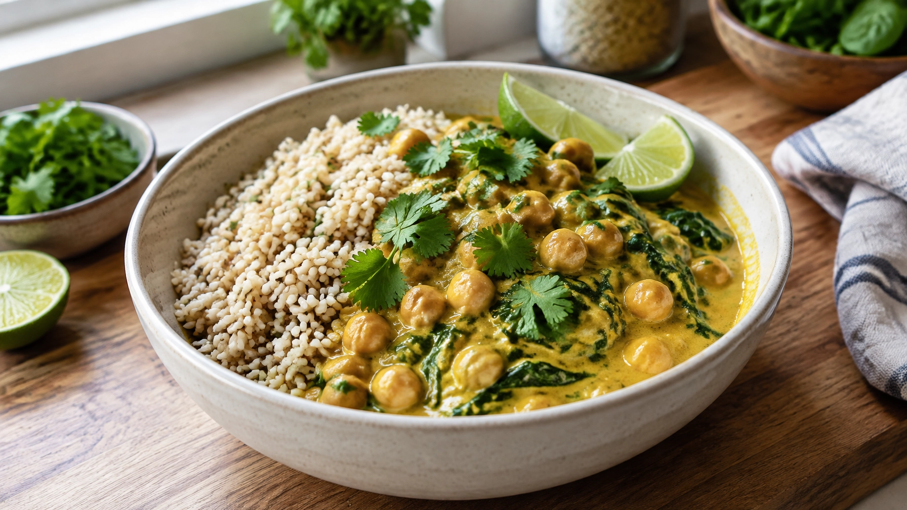 Plant-Based Dinner Ideas: Chickpea and Spinach Coconut Curry with Brown Rice