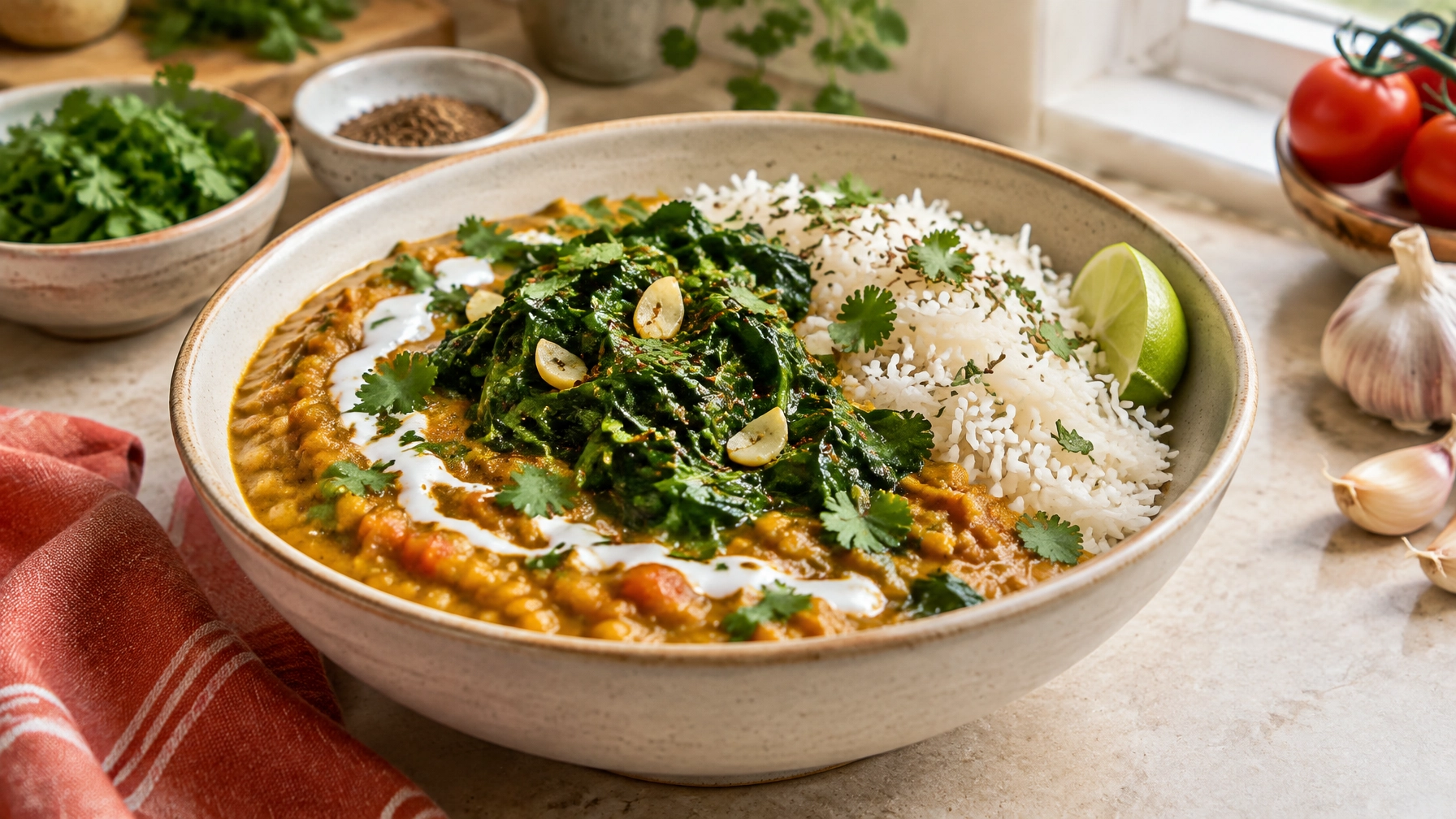 Plant-Based Dinner Ideas: Creamy Coconut Lentil Dahl with Garlic Spinach
