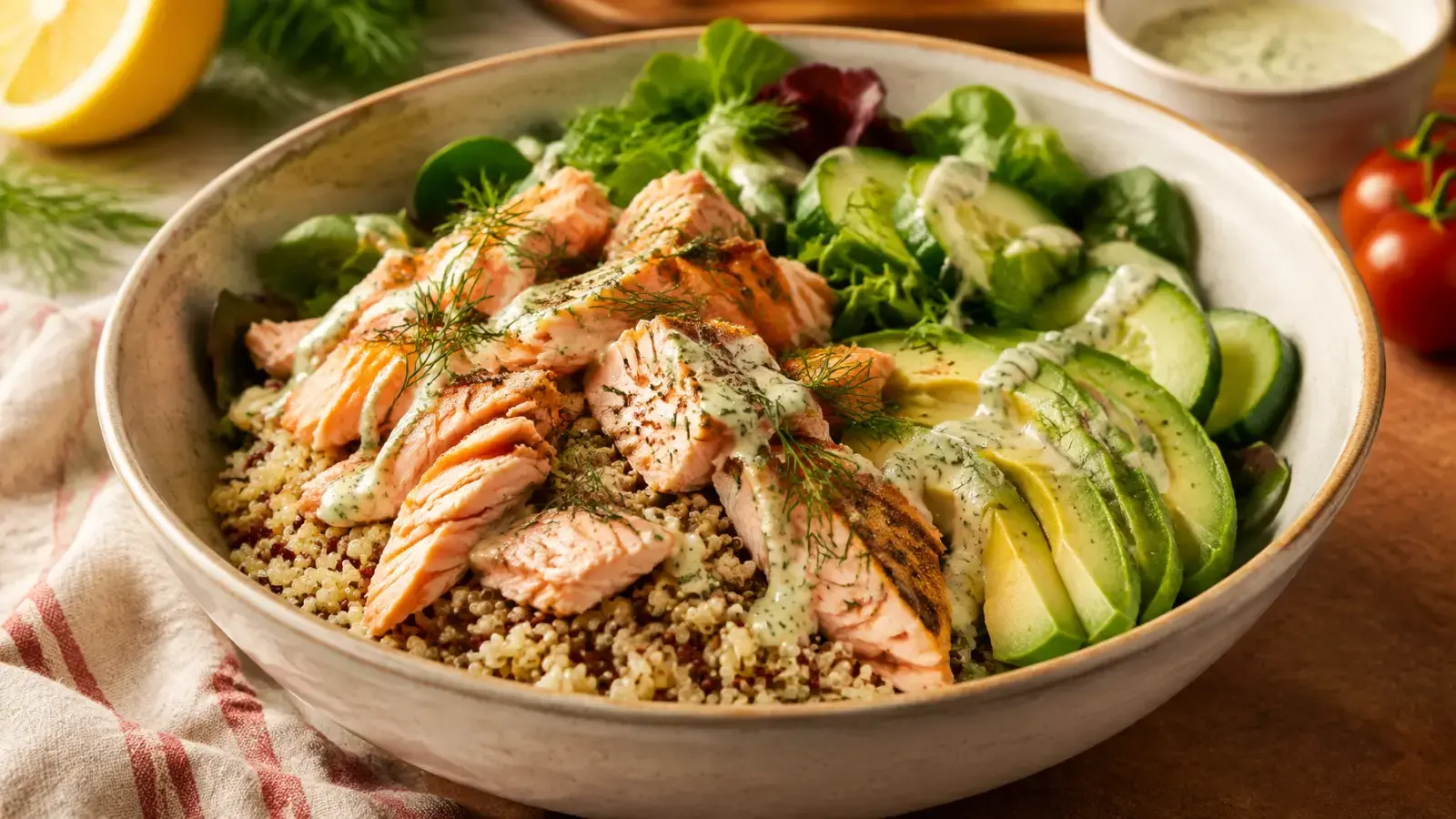 Quick Healthy Meals: 15-Minute Salmon and Quinoa Bowl with Lemon Dill Dressing