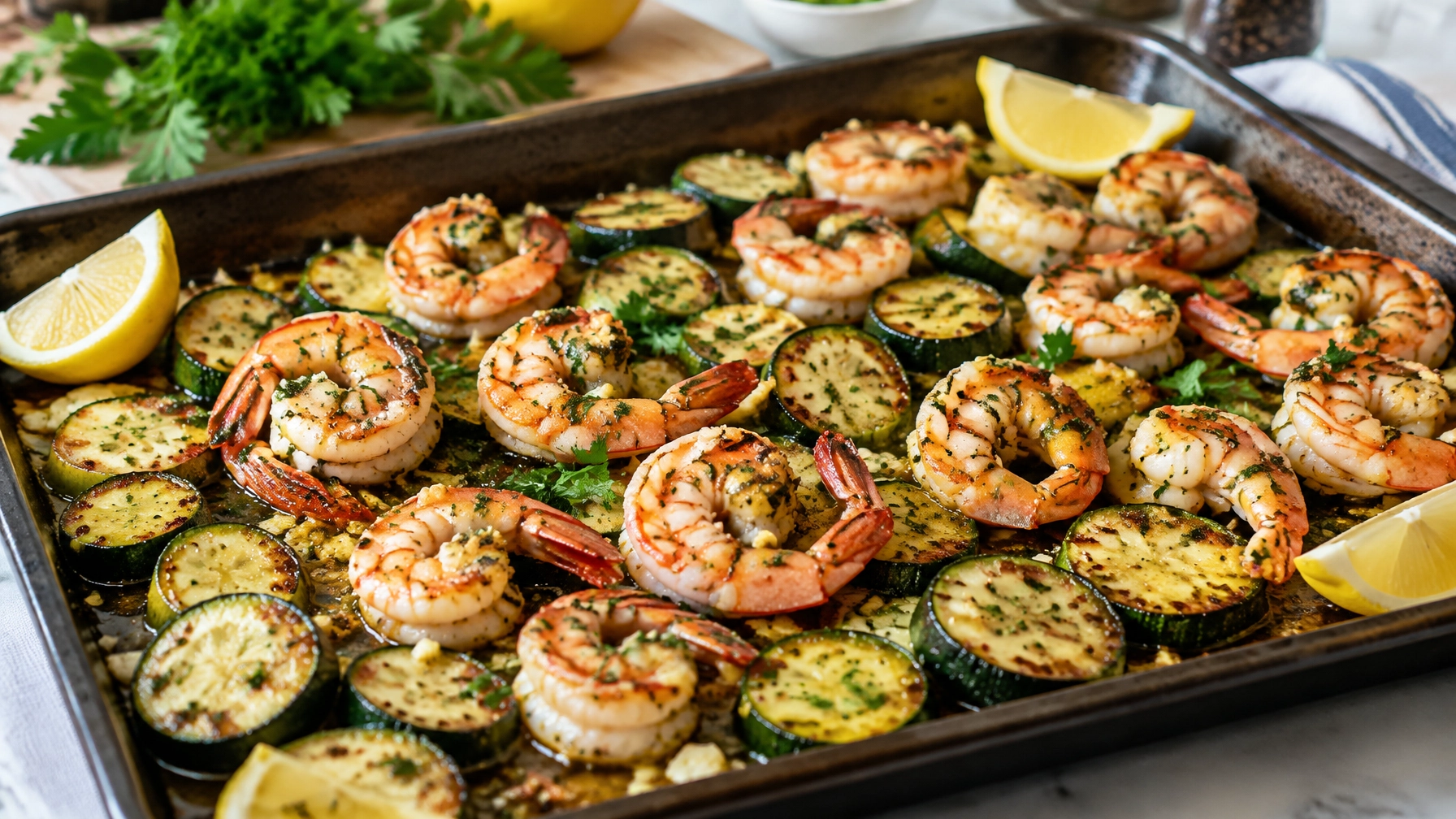 Sheet Pan Garlic Butter Shrimp and Zucchini