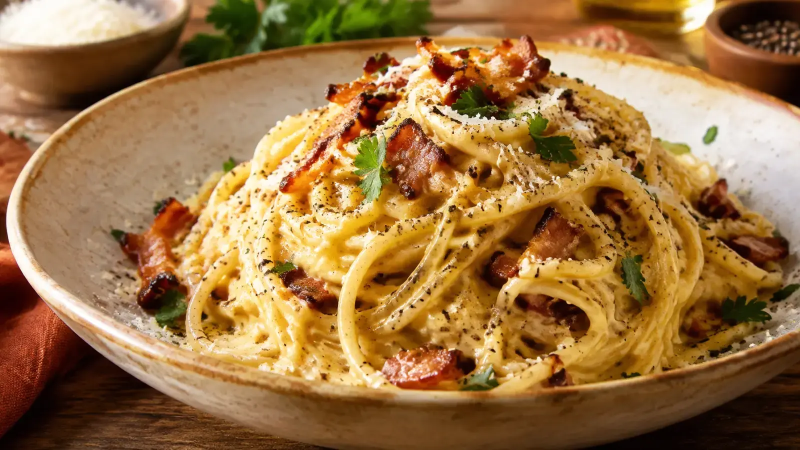 Simple Pasta Carbonara with Crispy Pancetta