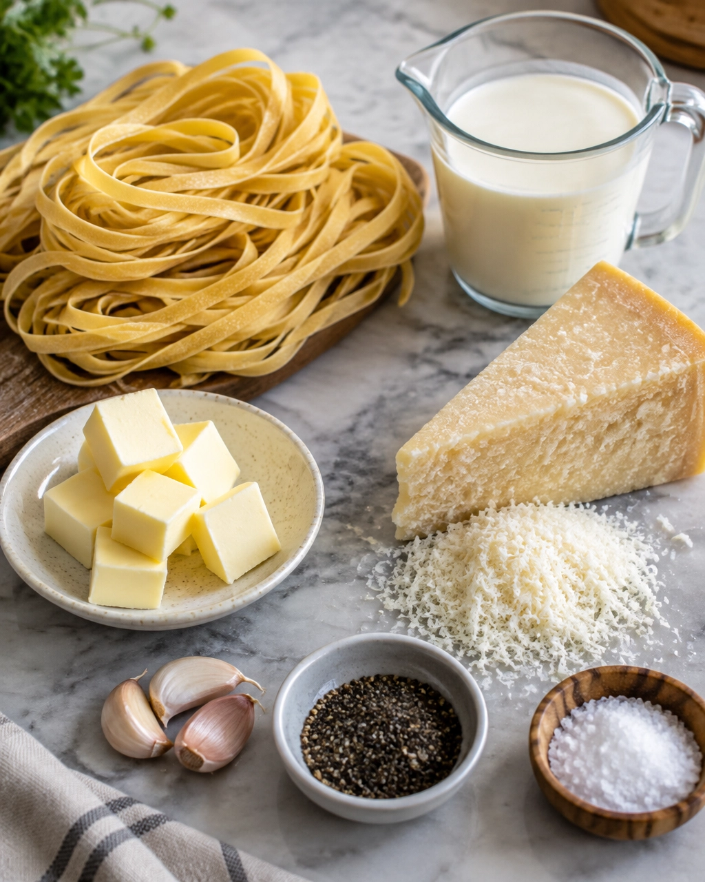 Ingredients for fettuccine Alfredo arranged on a kitchen worktop