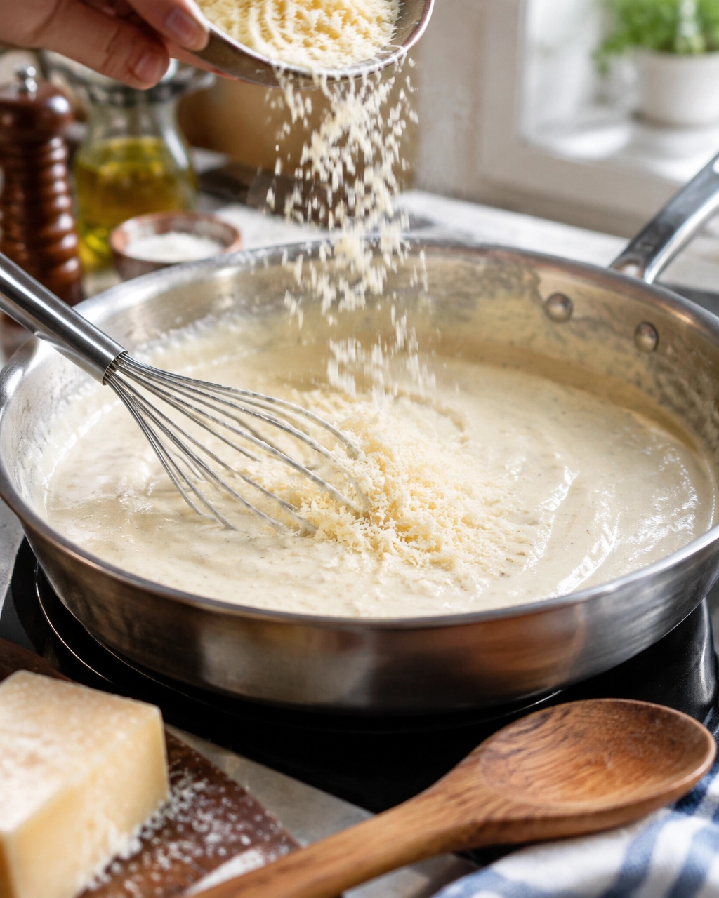 Fresh Parmesan being incorporated into a smooth Alfredo sauce