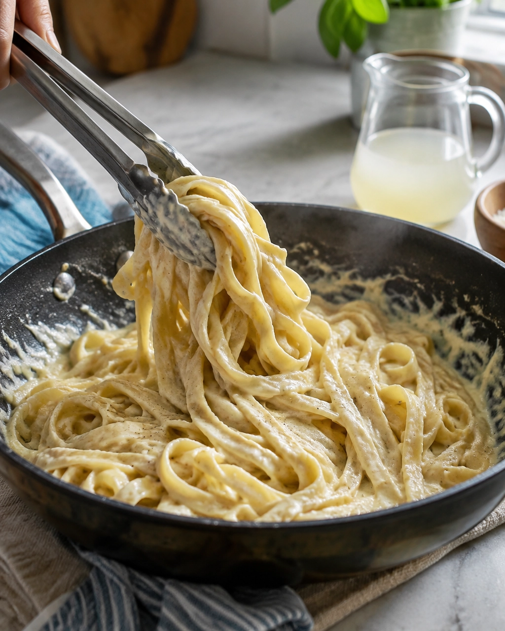 Hot fettuccine being tossed through creamy Alfredo sauce in a skillet