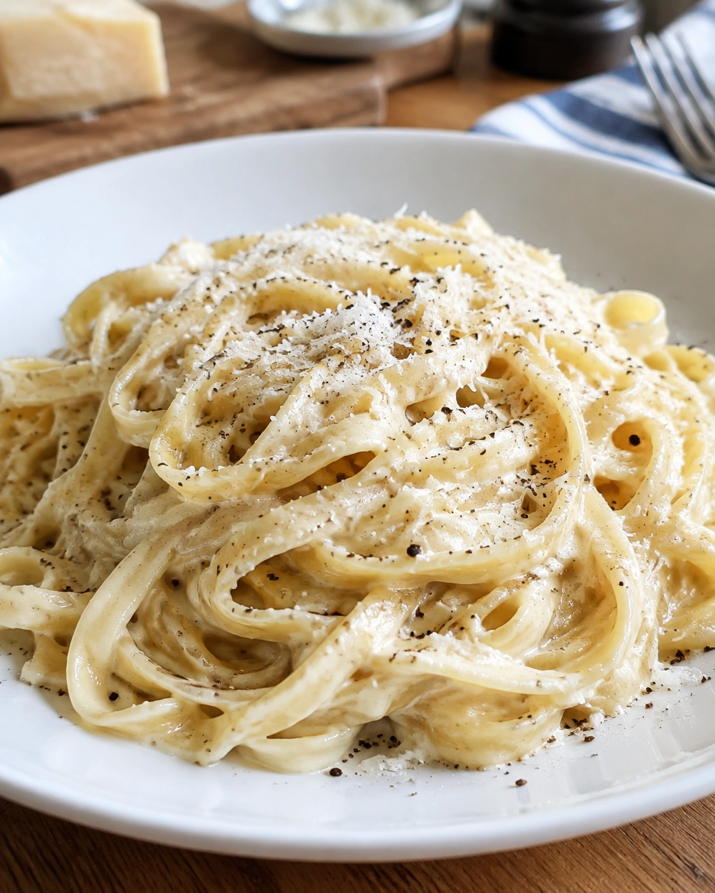Finished fettuccine Alfredo plated with Parmesan and black pepper
