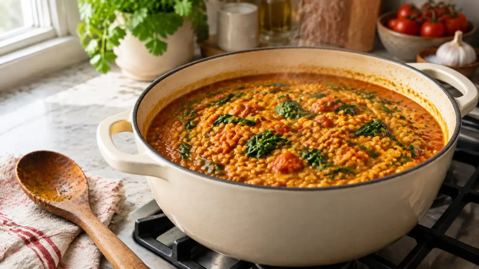 Vegan red lentil dahl simmering in a cream enamel pot
