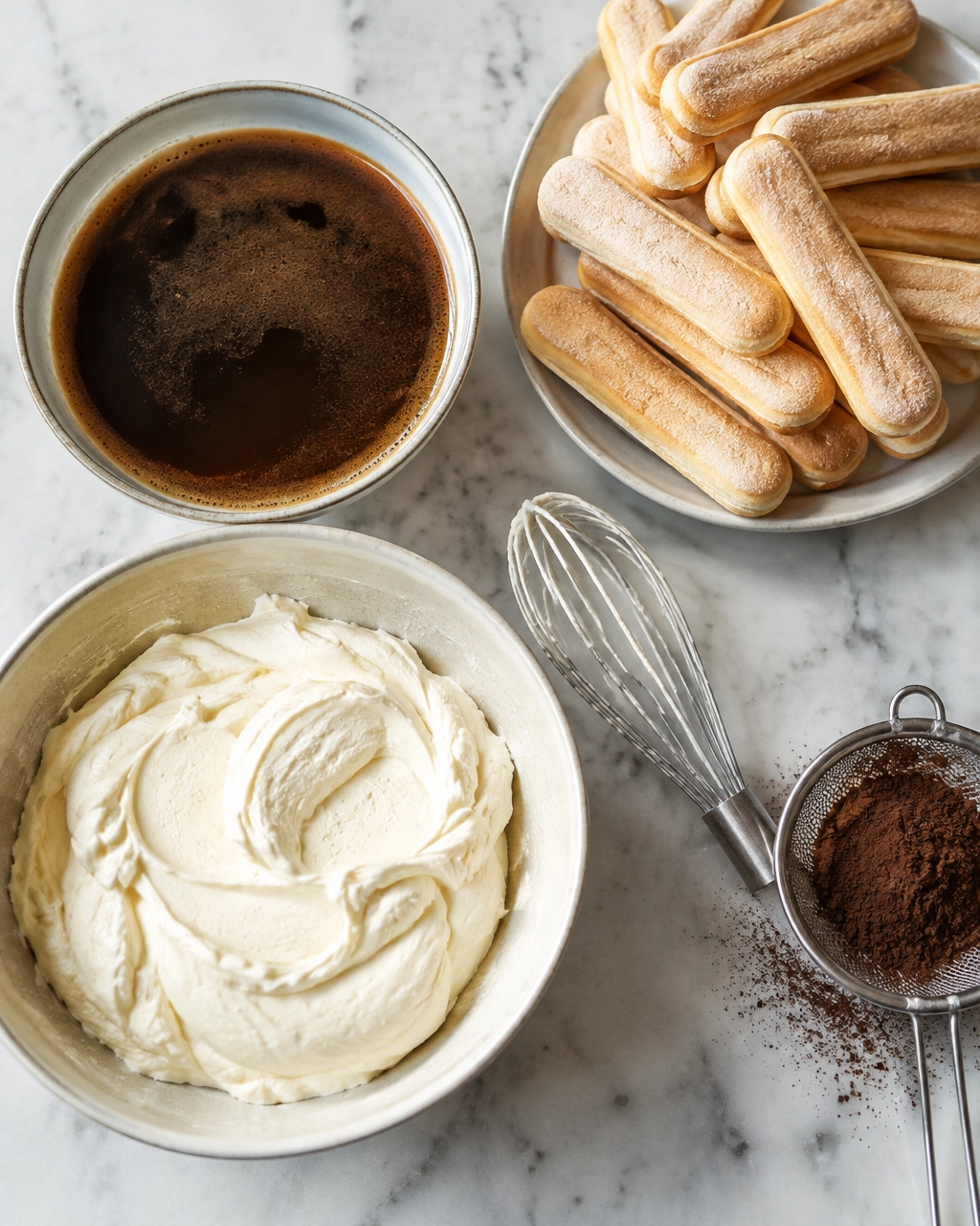 Espresso, savoiardi ladyfingers, mascarpone cream, and cocoa arranged for tiramisu preparation