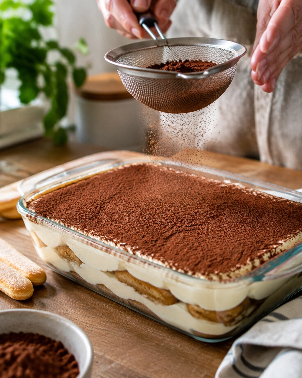 Fine cocoa powder being sifted over the mascarpone topping of a tiramisu