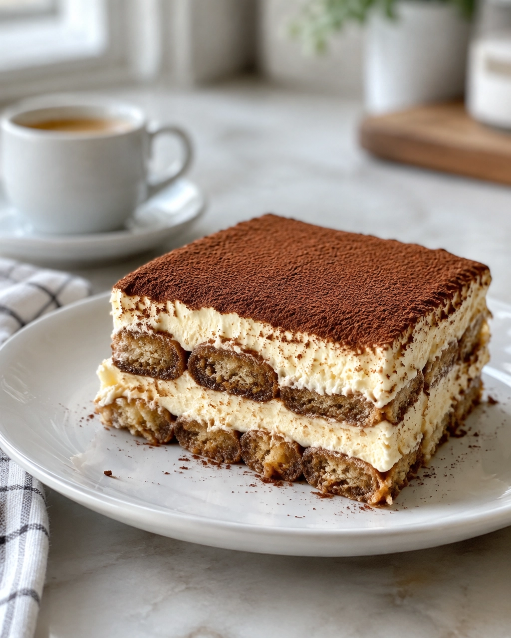 Chilled tiramisu slice showing mascarpone, coffee-soaked ladyfinger, and cocoa layers