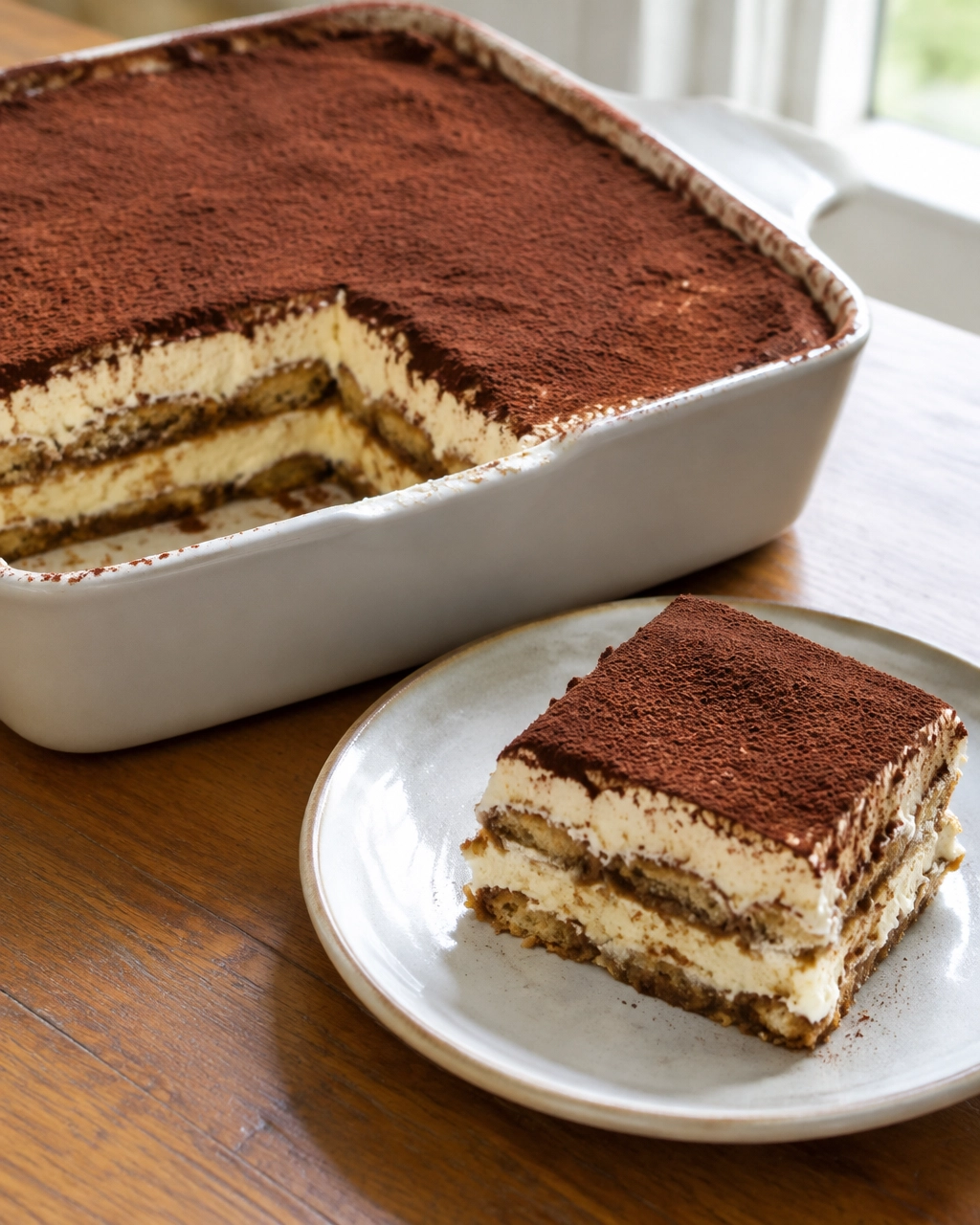 Classic Italian tiramisu in a rectangular dish with cocoa-dusted mascarpone layers and a served portion