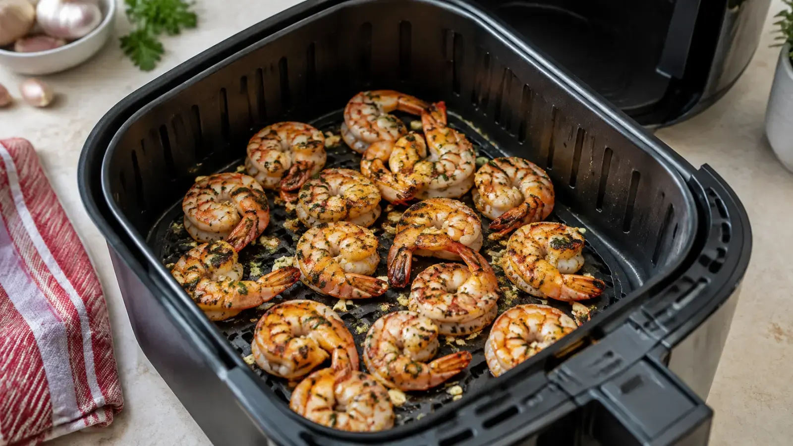 Seasoned shrimp arranged in a single layer in an air fryer basket