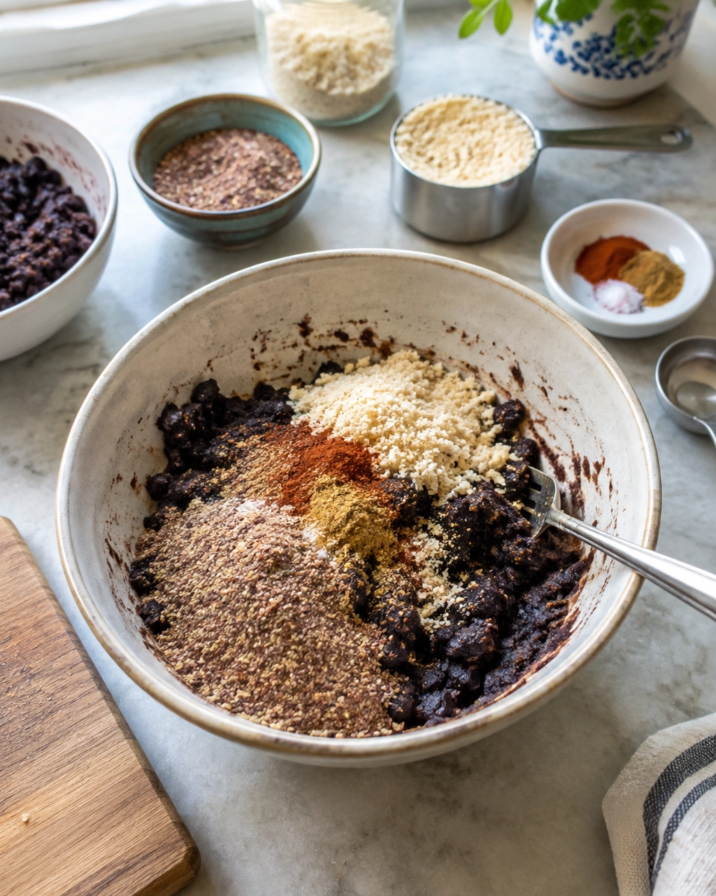 Mashed black beans and burger ingredients being prepared in a real kitchen