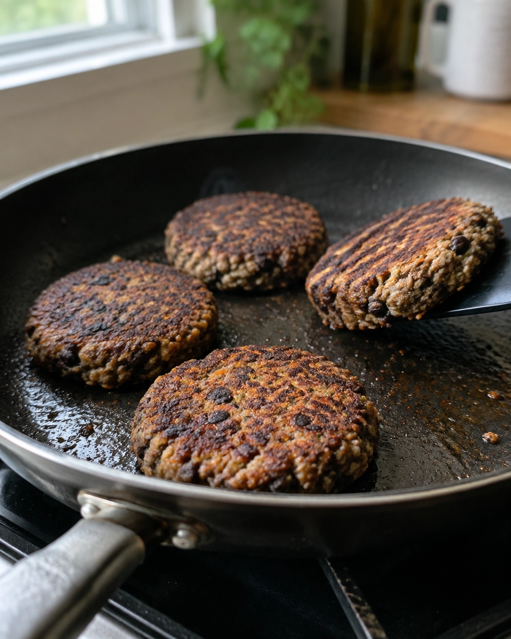 Vegan black bean burger patties browning in a skillet