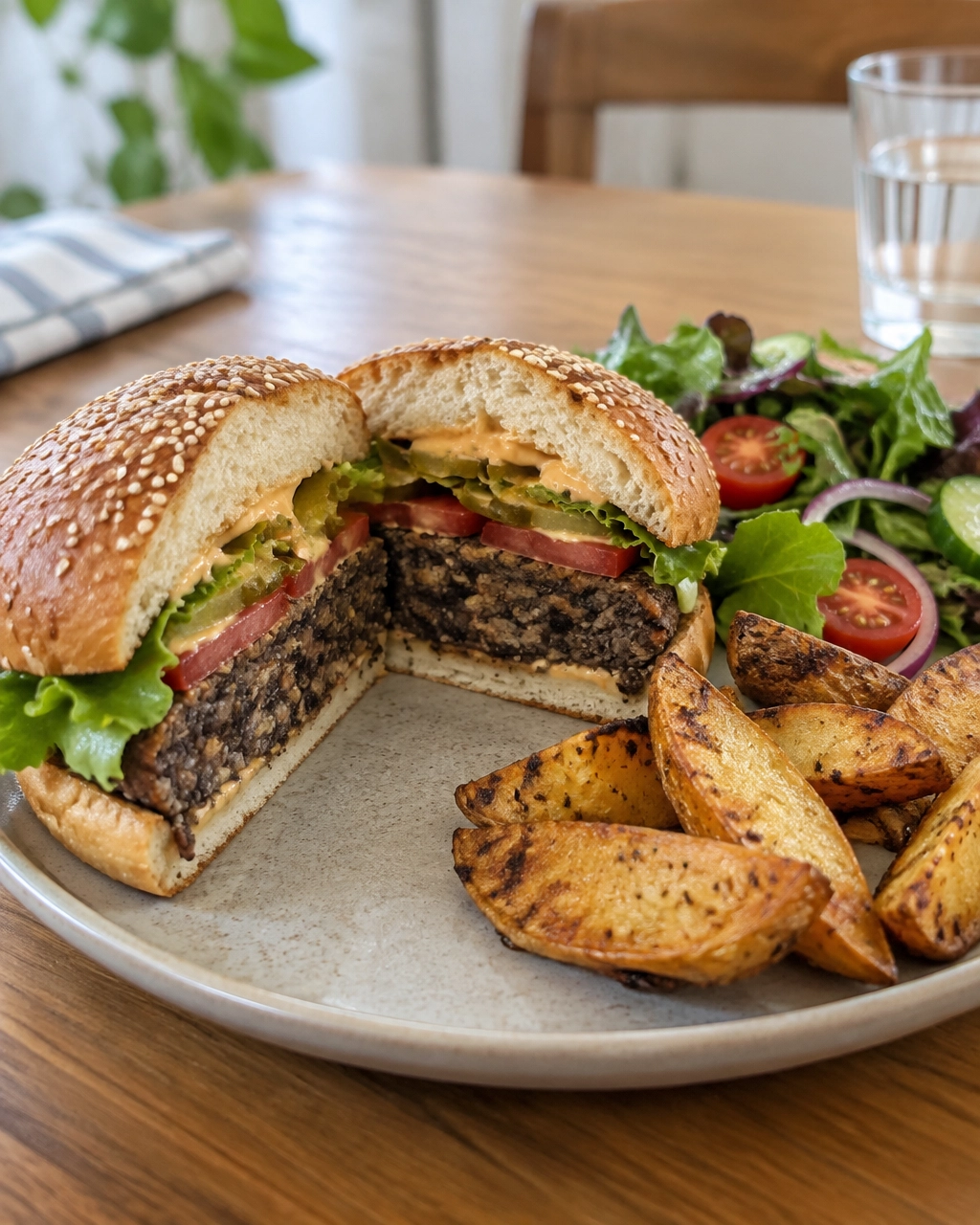 Finished vegan black bean burger with toasted bun, salad and potato wedges