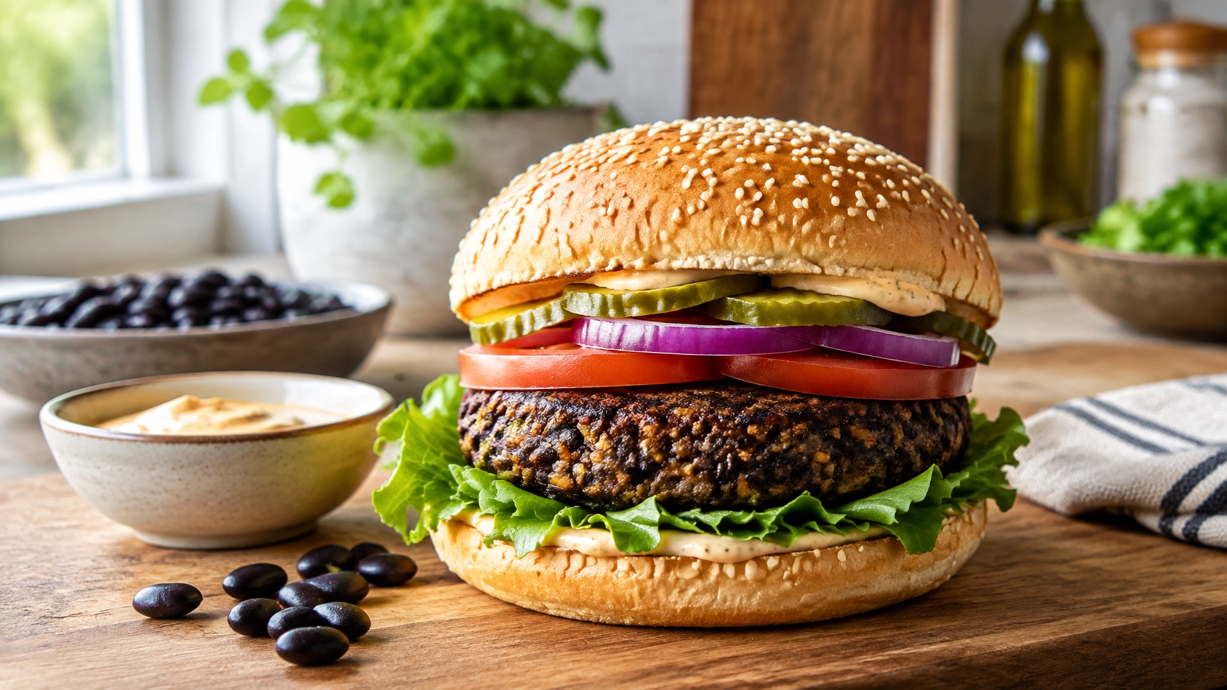 Homemade vegan black bean burger on a toasted bun with lettuce, tomato, onion and pickles