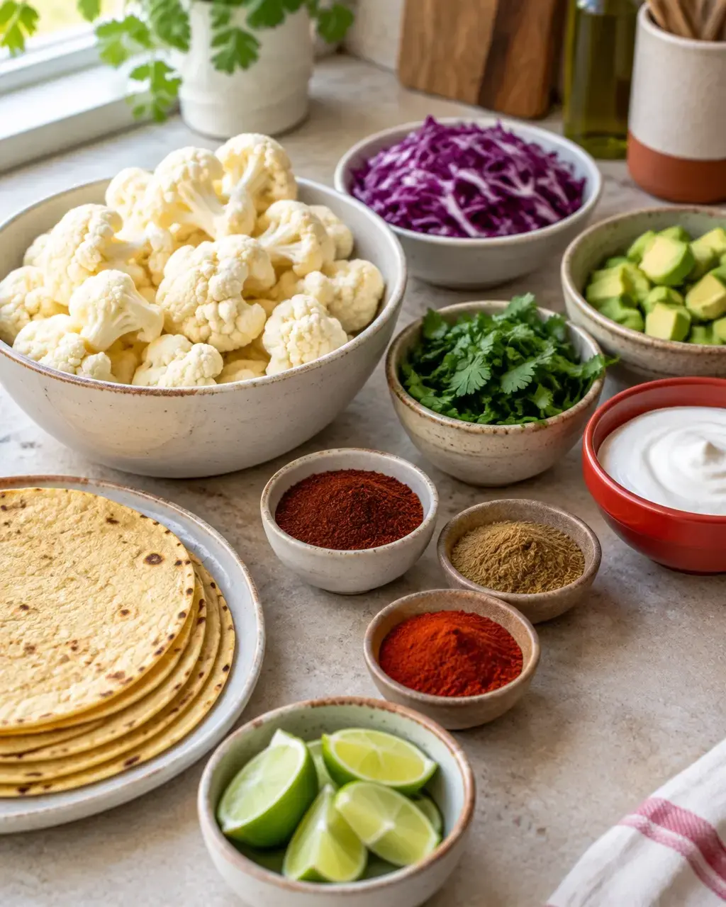 Cauliflower taco ingredients arranged in a real kitchen