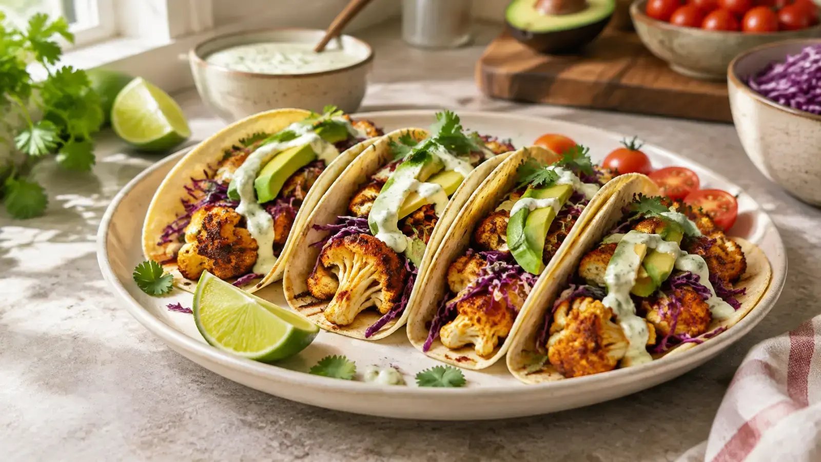 Vegan cauliflower tacos with roasted cauliflower, red cabbage, avocado, cilantro, and lime crema