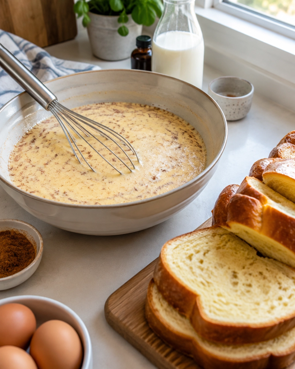 Bowl of cinnamon custard with a whisk and thick brioche slices ready for dipping