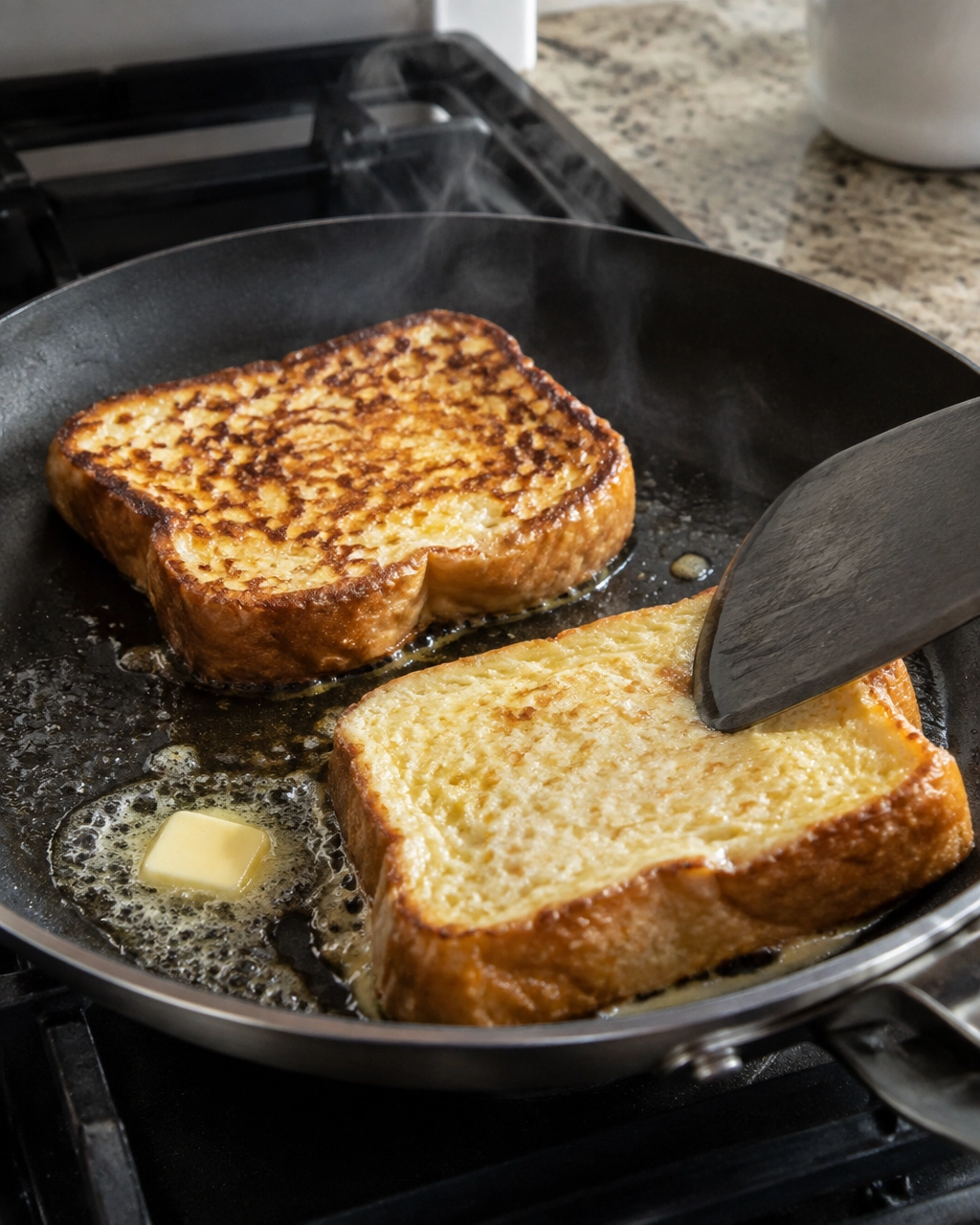 Thick French toast slices cooking in butter in a nonstick skillet