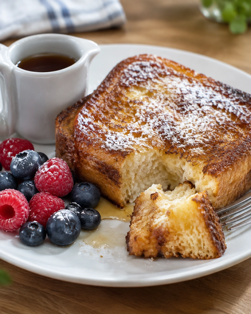 Finished French toast with a soft interior, powdered sugar, berries, and maple syrup