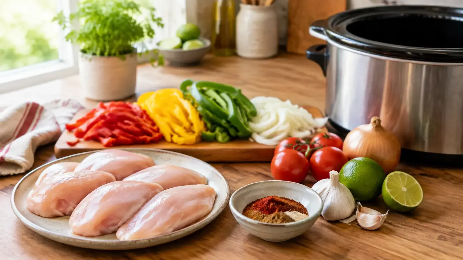 Chicken breasts, peppers, onion, tomatoes and fajita spices prepared beside a slow cooker