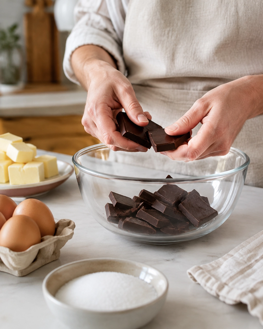 Chocolate, butter, eggs, and sugar arranged on a kitchen counter for flourless chocolate cake