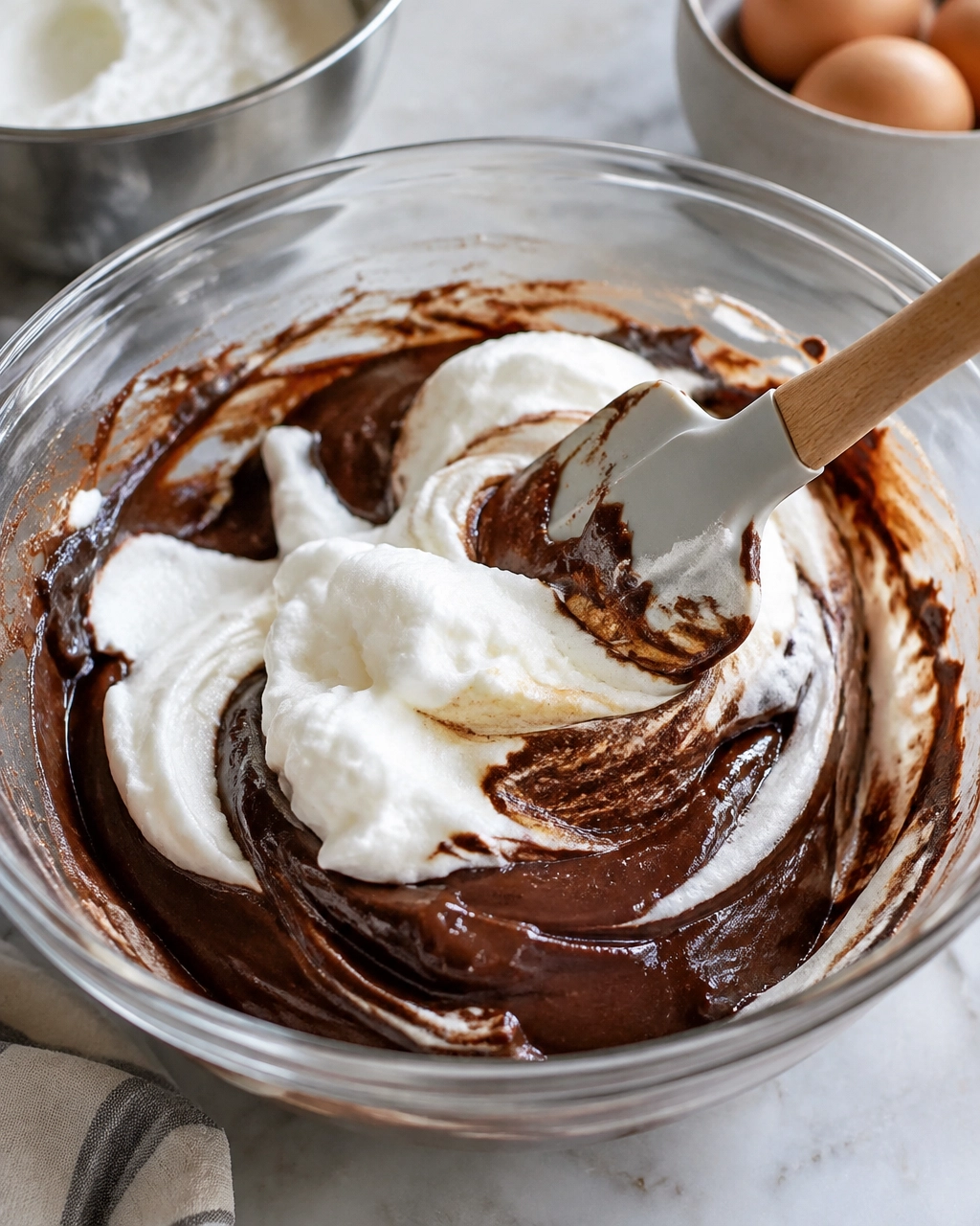 A spatula folding whipped egg whites into glossy chocolate batter in a mixing bowl