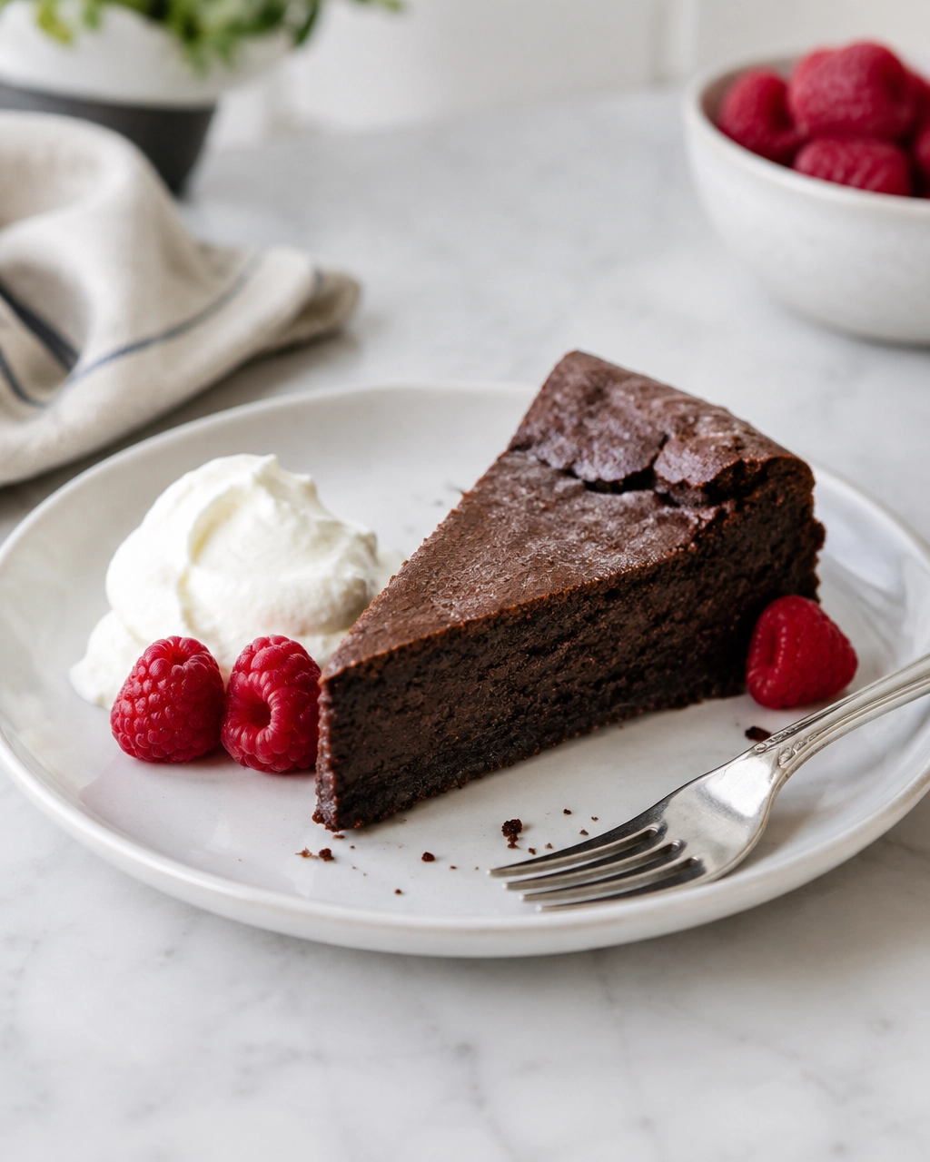 A plated slice of fudgy gluten-free flourless chocolate cake with whipped cream and raspberries