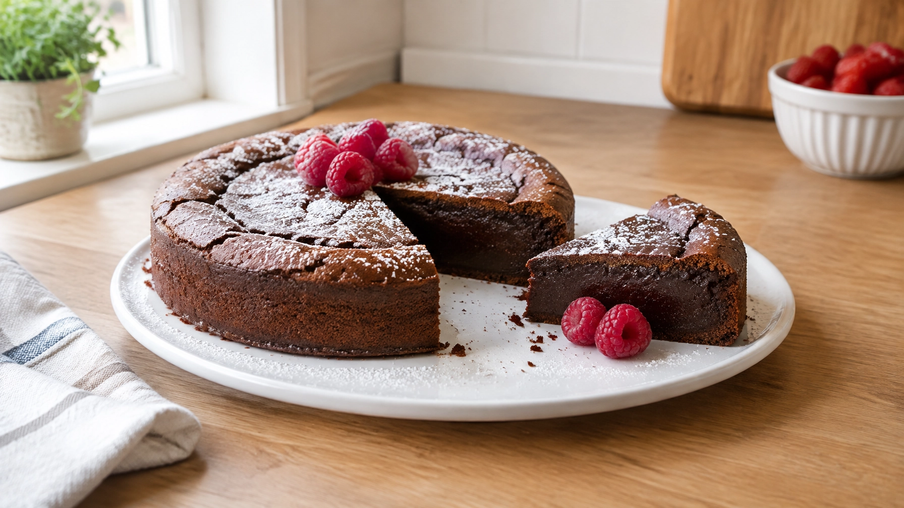 Fudgy flourless chocolate cake with a slice served on a white plate