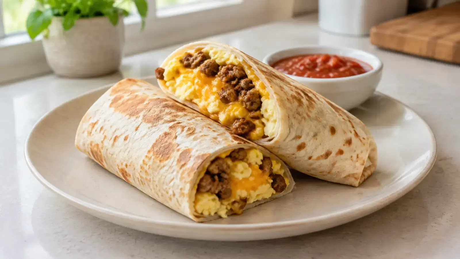 Sausage, egg and cheese breakfast burritos served with tomato salsa