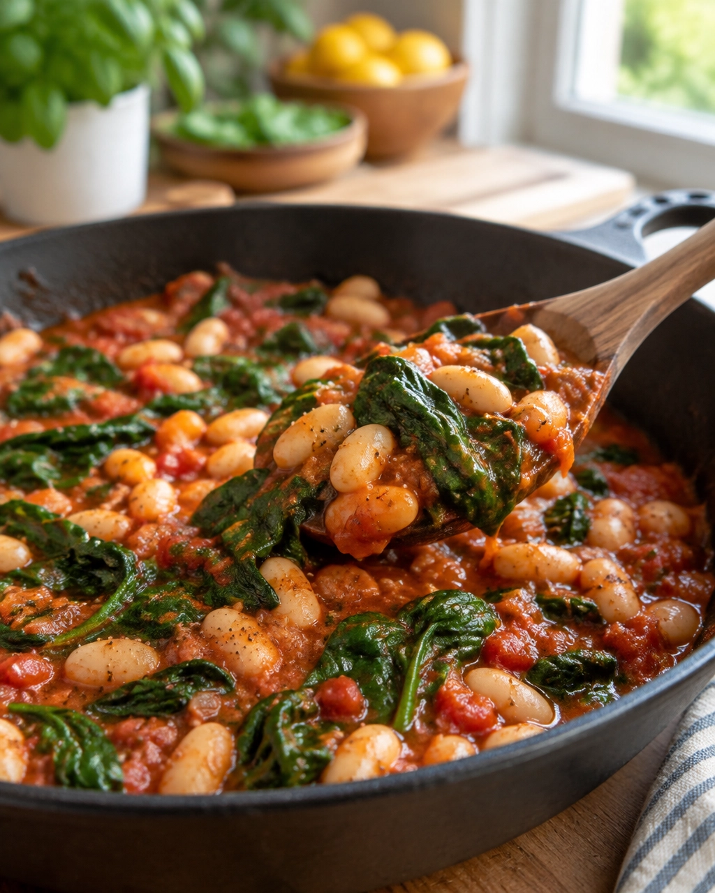 Close view of white beans and wilted spinach simmering in tomato sauce