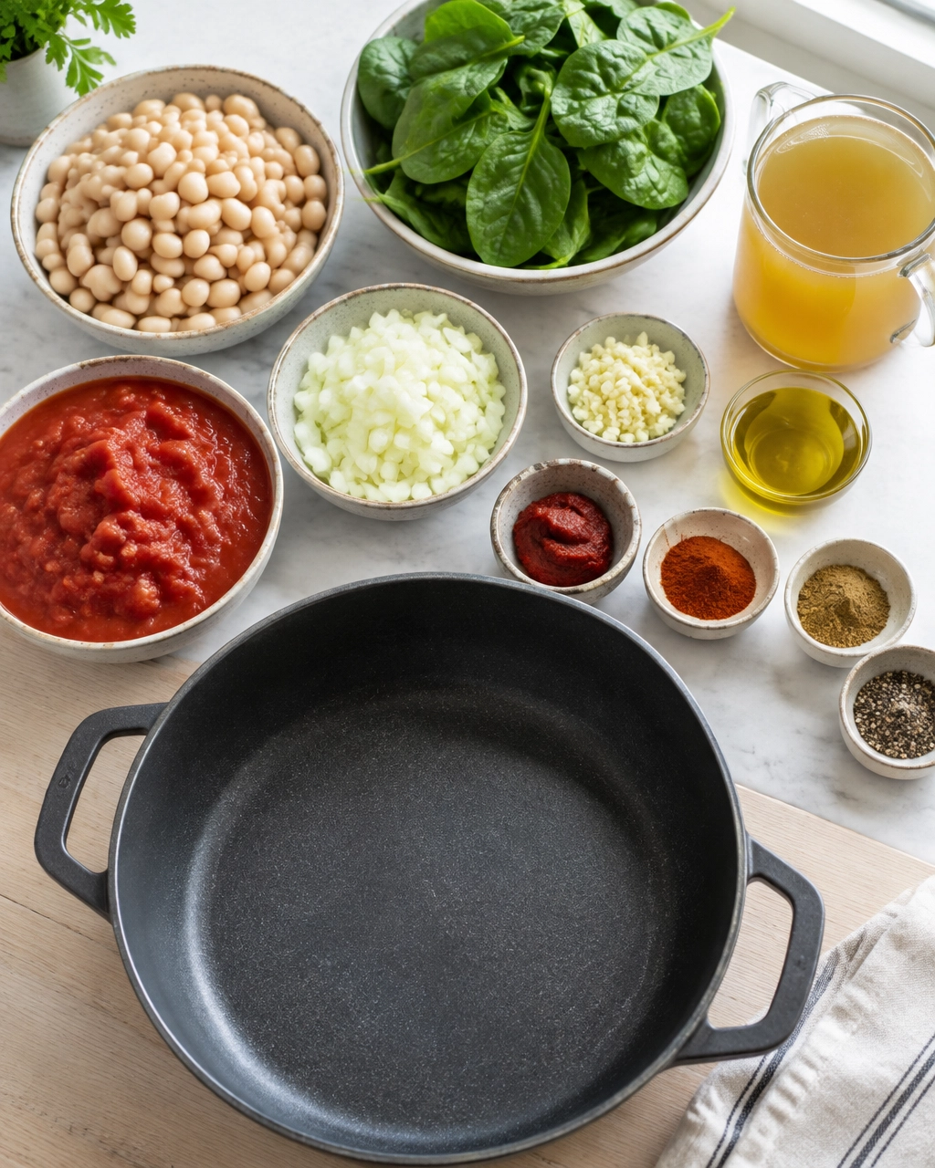 White beans, spinach, onion, garlic, tomatoes, broth, and spices prepared for a skillet meal