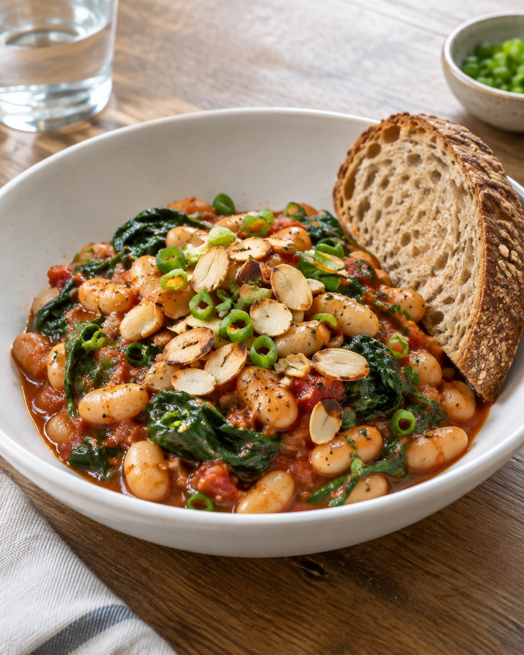 Plated white bean and spinach skillet with toasted almonds and whole-grain bread
